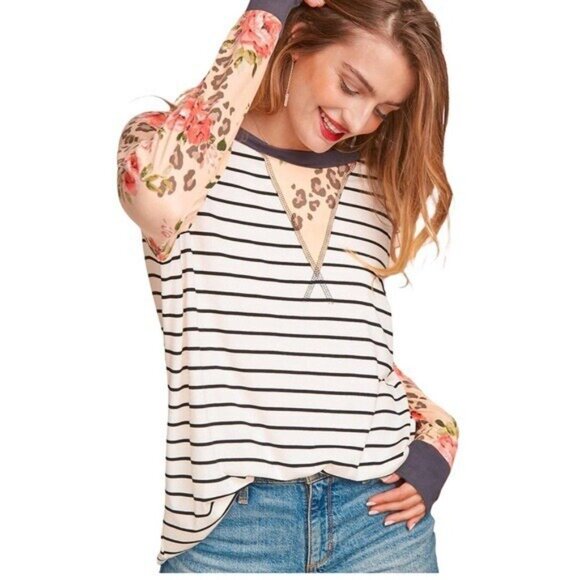 Striped Animal Floral Print Long Sleeve Shirt Women Small New Gray Peach - Picture 3 of 16